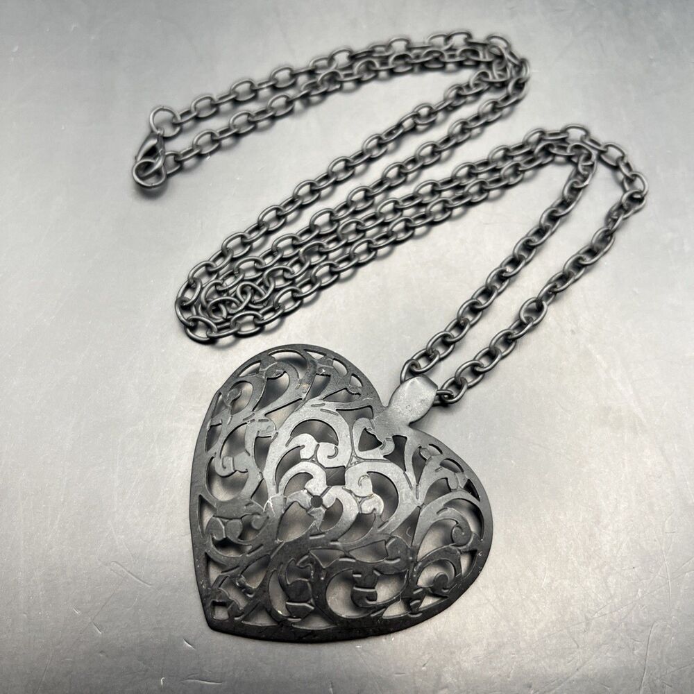 Long Black Heart Pendant Necklace Filigree Open Work Goth Gothic Dark Metal